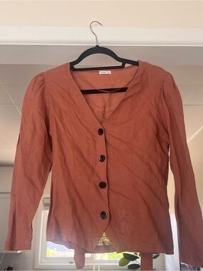 Linen blend Rust Button-Front Long Sleeve Top